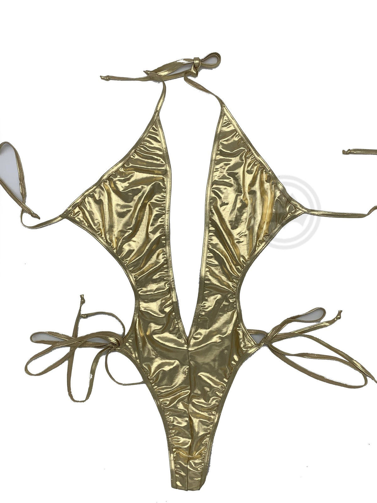 Metallic V-neck Bodysuit with Ties - Gold - Model Express VancouverLingerie
