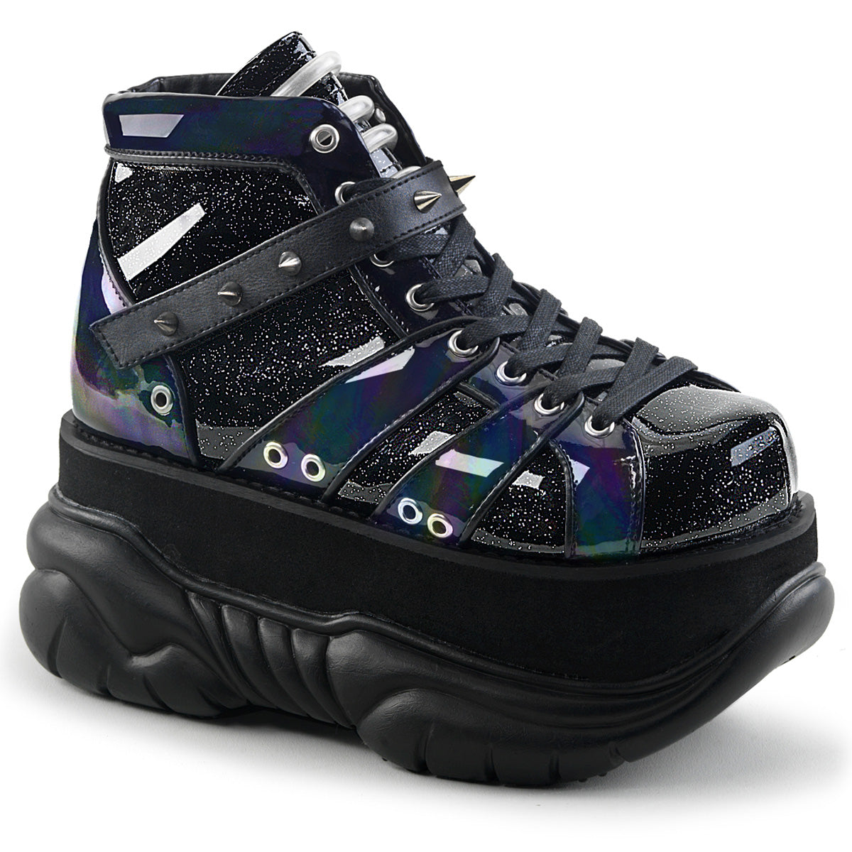 Demonia Neptune-100 - Blk Glitter-Silver/Vegan Leather