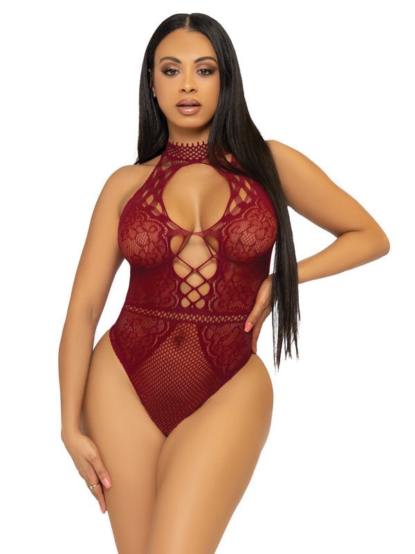 Net and Lace Halter Bodysuit Burgundy - Model Express VancouverLingerie