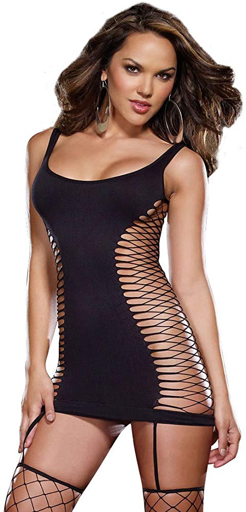 Opaque and Fence Net Garter Dress with Thigh Highs Black - Model Express VancouverLingerie