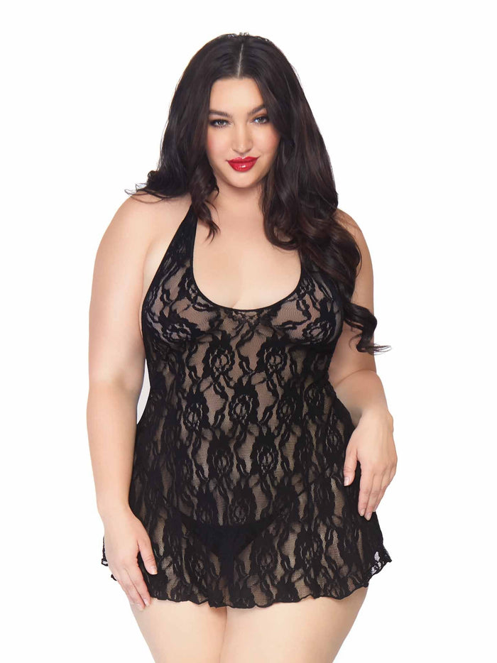 Plus Size Halter Rose Lace Chemise Black - Model Express VancouverLingerie