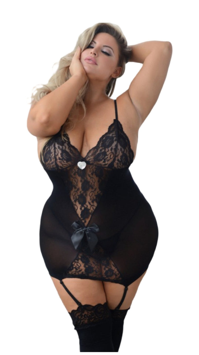 Plus Size Lace Dress with Attached Garter Stockings Black - Model Express VancouverLingerie