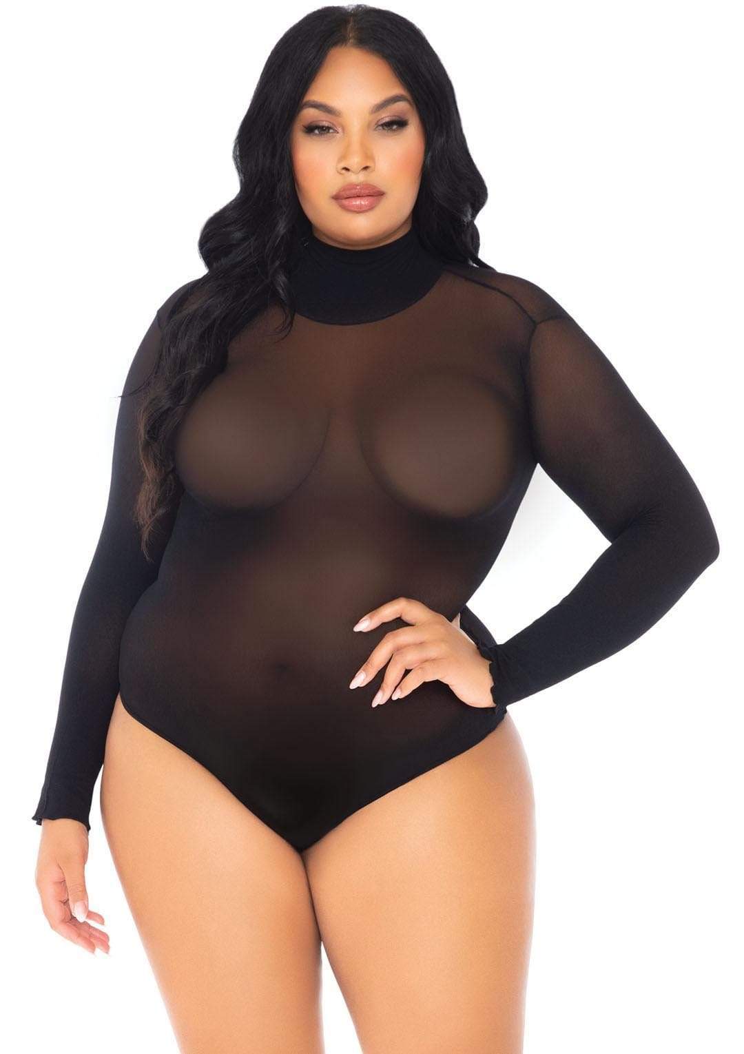 Plus Size Long Sleeved Snap Crotch Bodysuit Black - Model Express VancouverLingerie