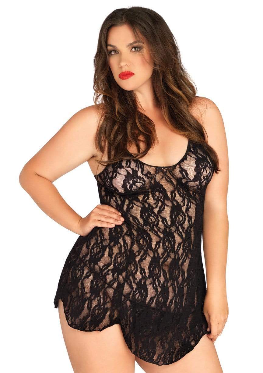 Plus Size Rose Lace Flair Chemise Black - Model Express VancouverLingerie