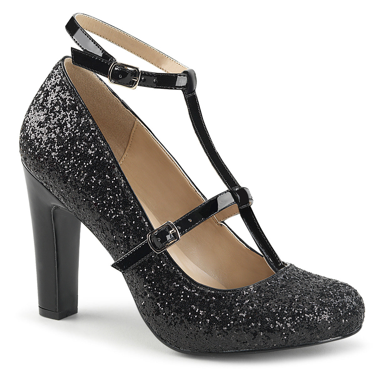 Pleaser Pink Label Queen-01 - Blk Gltr-Pat