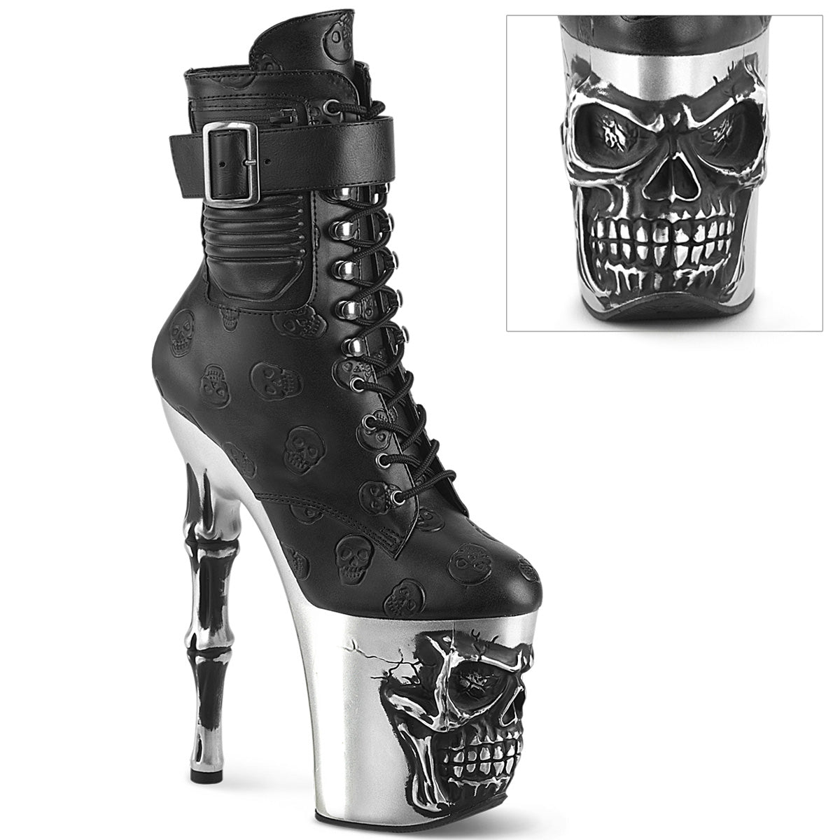 Pleasers Rapture-1020Str-02 - Blk Faux Leather/Slv Matte-Rubbed Blk