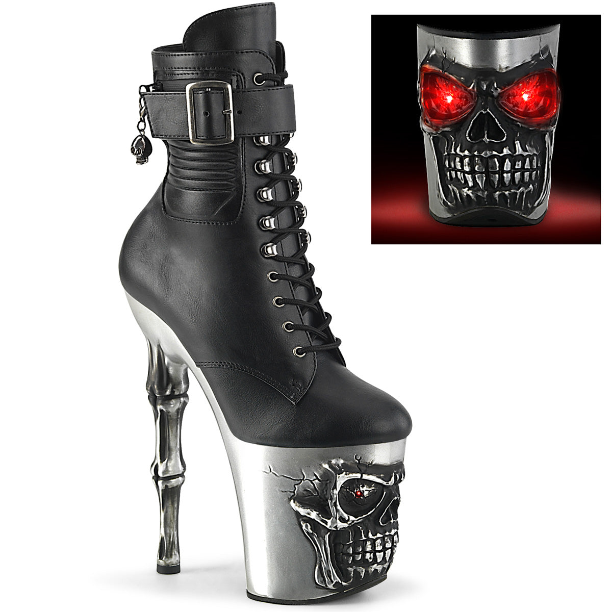 Pleasers Rapture-1020Str-Lt - Blk Faux Leather/Slv Matte-Rubbed Blk
