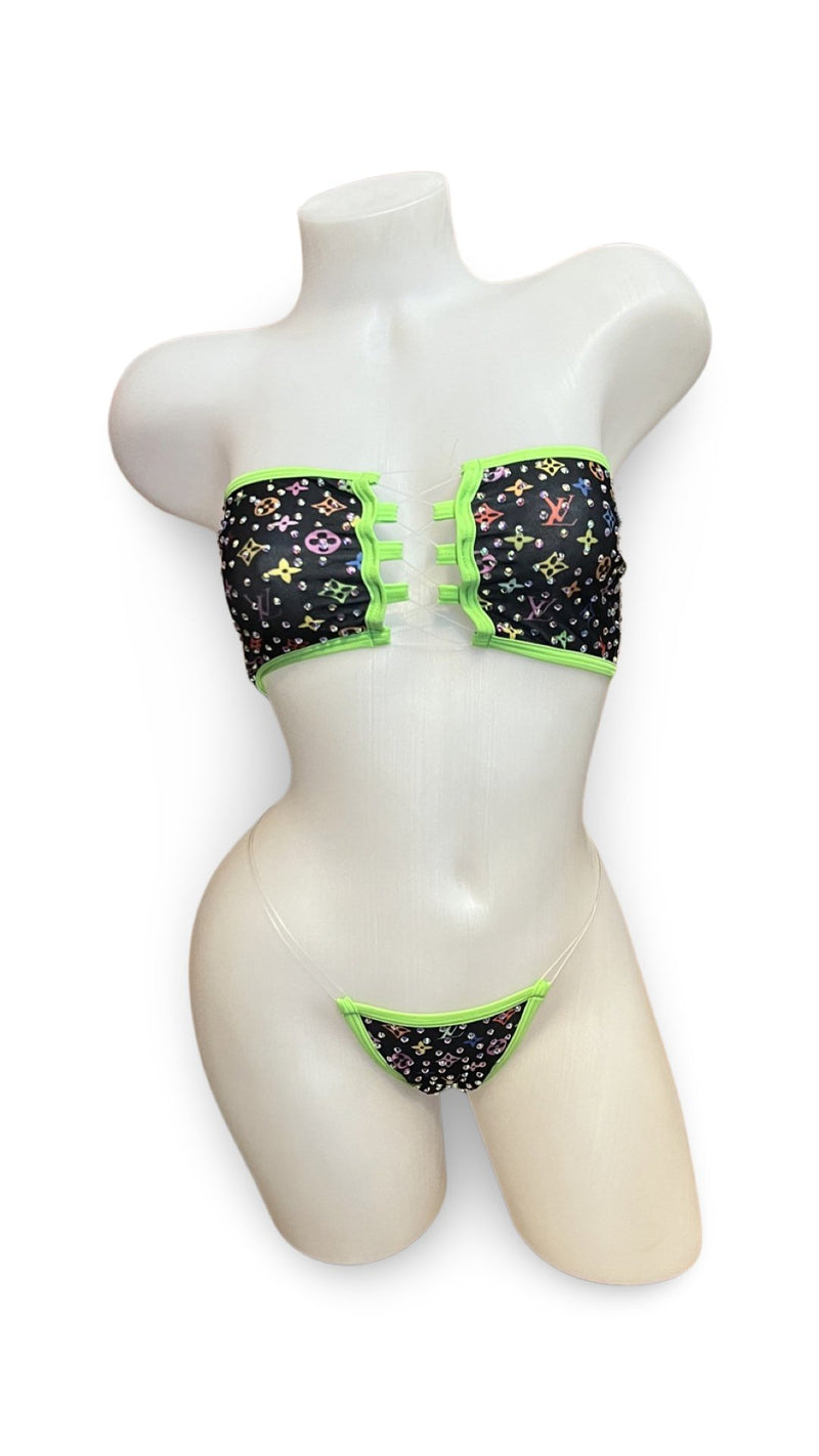 Rhinestone Bandeau Bikini - Blue/Green Design - Model Express VancouverBikini