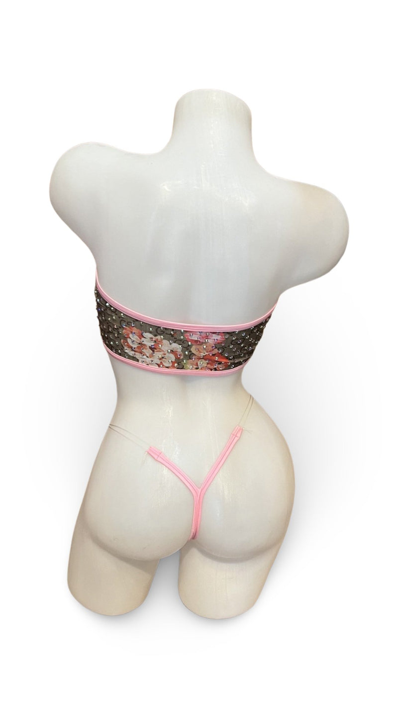 Rhinestone Bandeau Bikini - Pink Floral Design - Model Express VancouverBikini