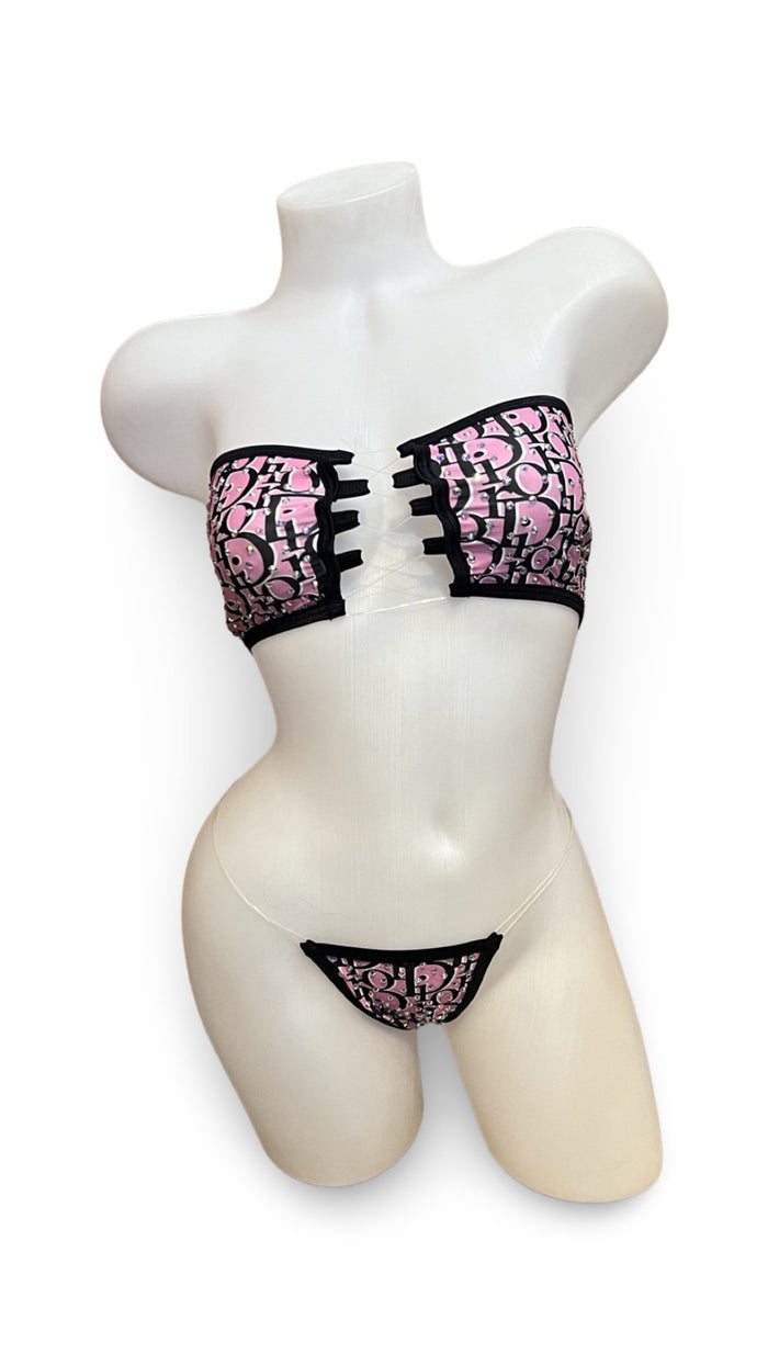 Rhinestone Bandeau Bikini - Pink/Black Design - Model Express VancouverBikini