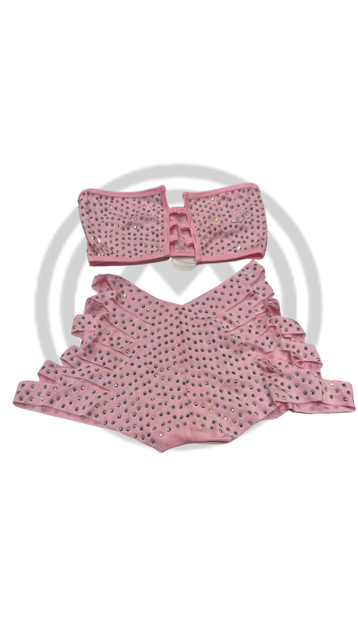 Rhinestone Bandeau Top and Cut Out Short Set Baby Pink - Model Express VancouverBikini