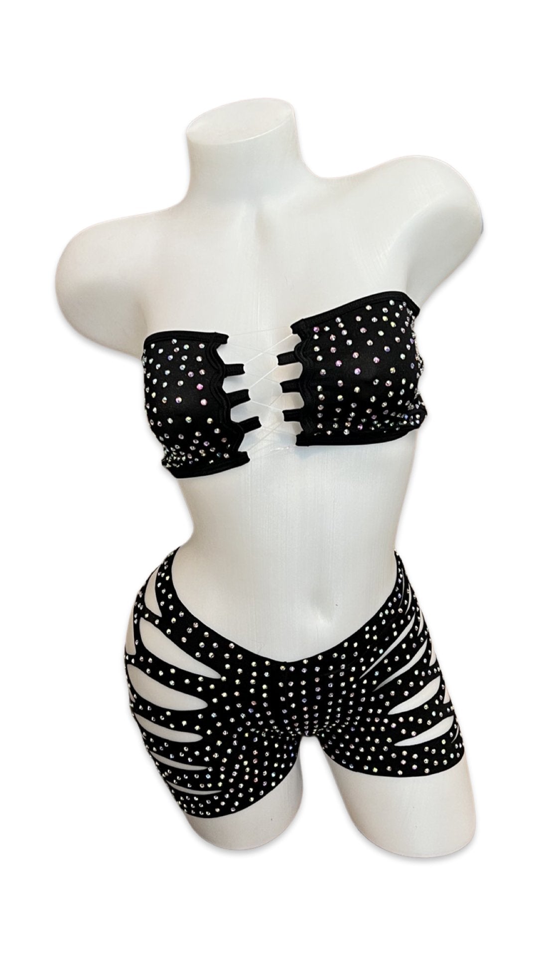 Rhinestone Bandeau Top and Cut Out Short Set Black - Model Express VancouverBikini