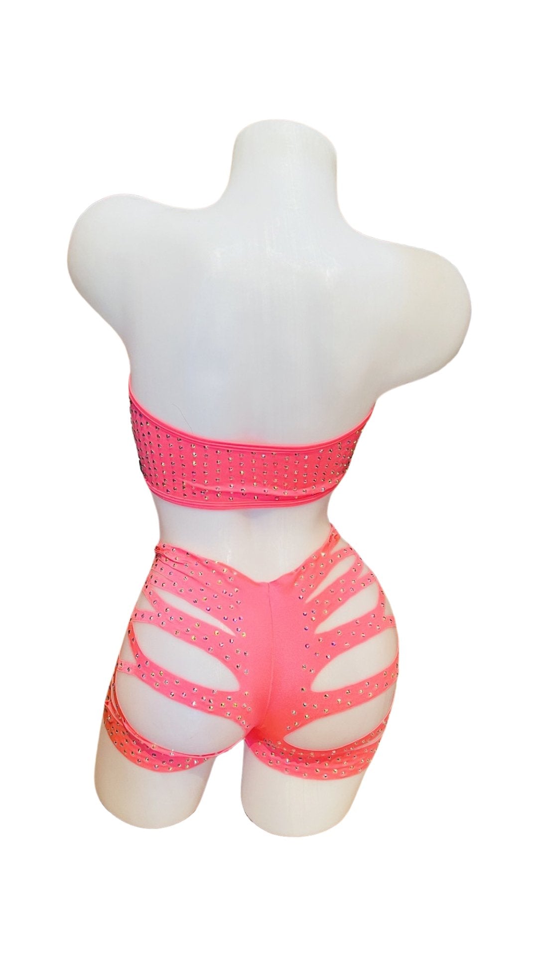 Rhinestone Bandeau Top and Cut Out Short Set Coral - Model Express VancouverBikini