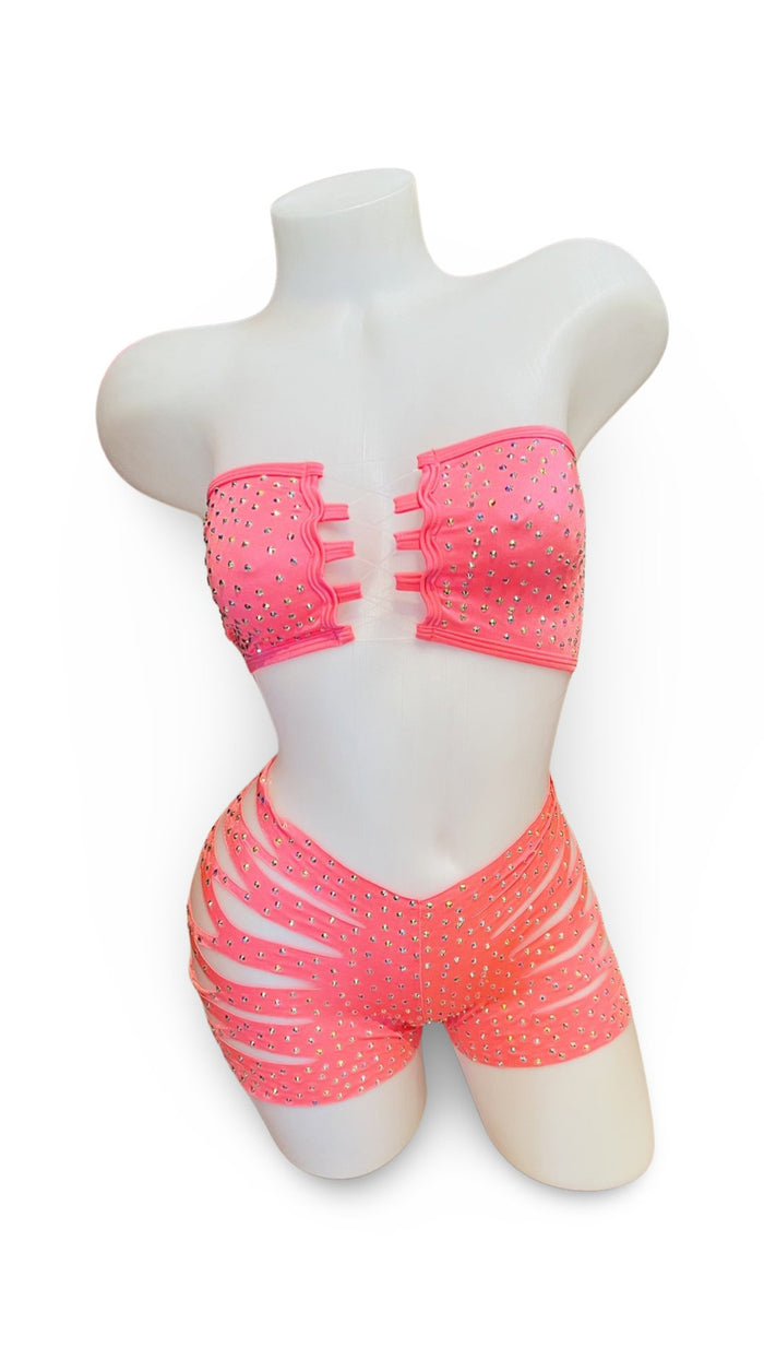 Rhinestone Bandeau Top and Cut Out Short Set Coral - Model Express VancouverBikini