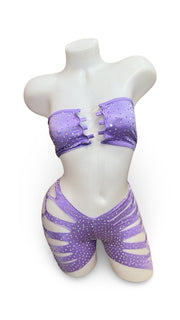 Rhinestone Bandeau Top and Cut Out Short Set Lilac - Model Express VancouverBikini