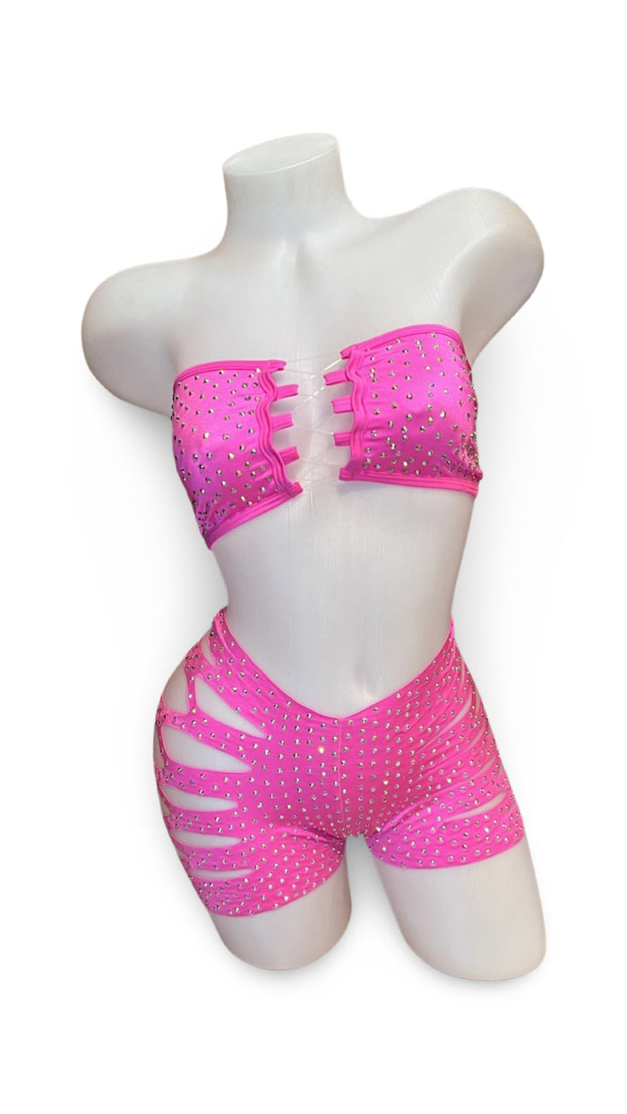 Rhinestone Bandeau Top and Cut Out Short Set Neon Pink - Model Express VancouverBikini