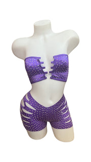 Rhinestone Bandeau Top and Cut Out Short Set Purple - Model Express VancouverBikini