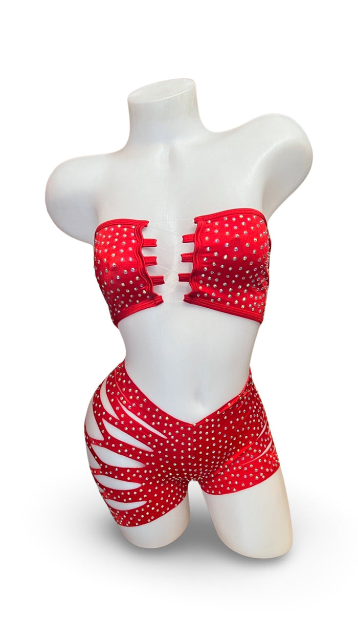 Rhinestone Bandeau Top and Cut Out Short Set Red - Model Express VancouverBikini