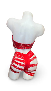 Rhinestone Bandeau Top and Cut Out Short Set Red - Model Express VancouverBikini