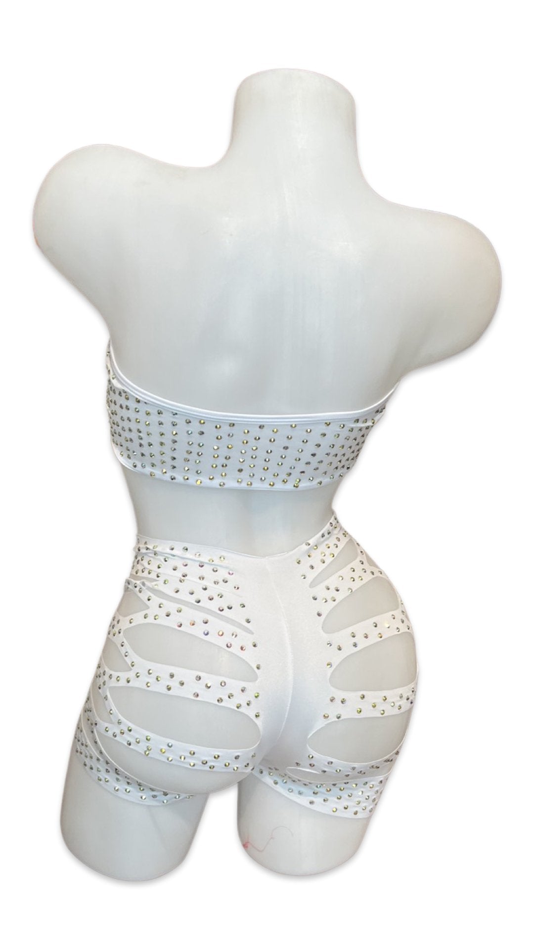 Rhinestone Bandeau Top and Cut Out Short Set White - Model Express VancouverBikini