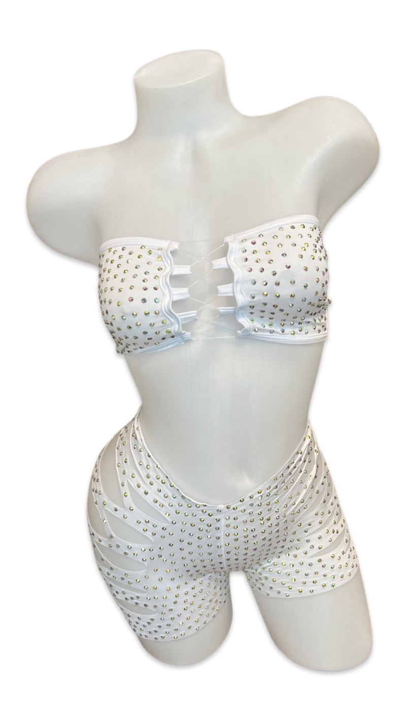 Rhinestone Bandeau Top and Cut Out Short Set White - Model Express VancouverBikini