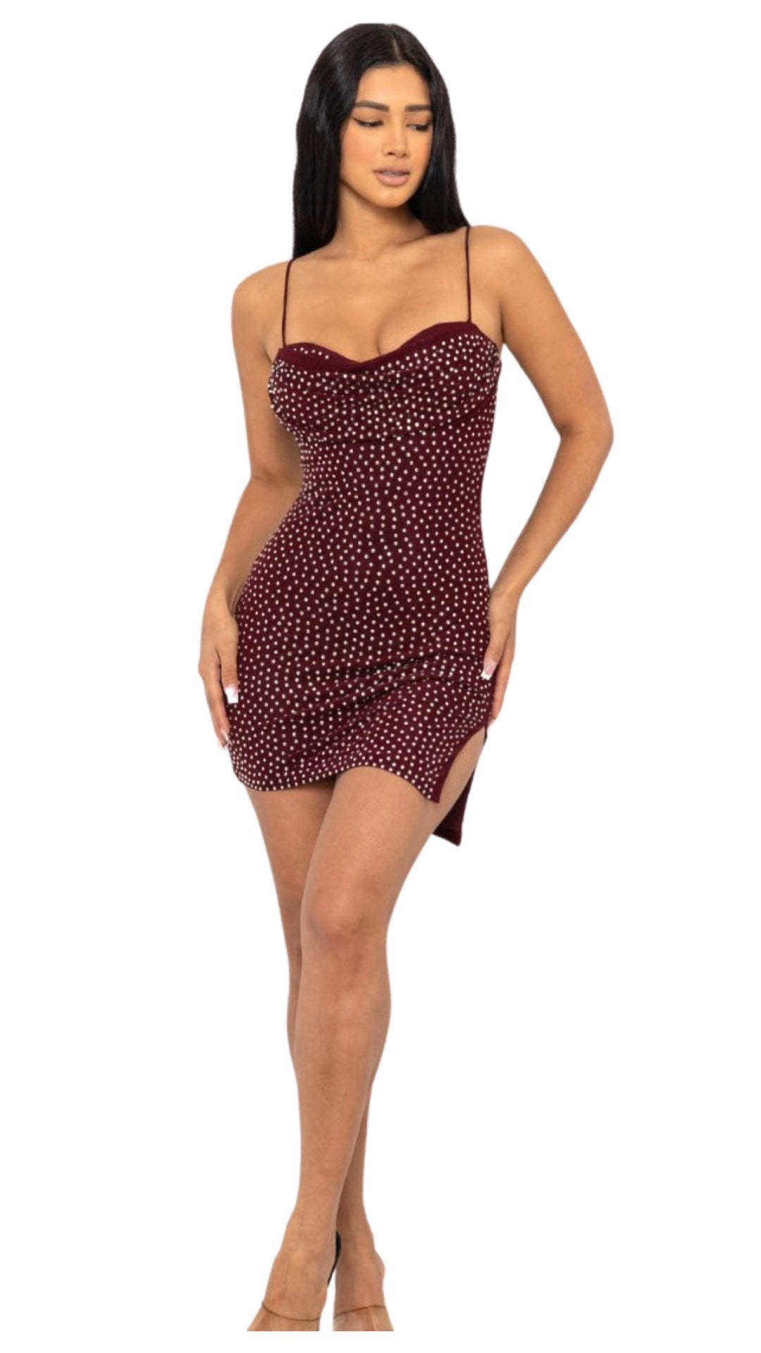 Rhinestone Bodycon Mini Dress Maroon - Model Express VancouverClothing