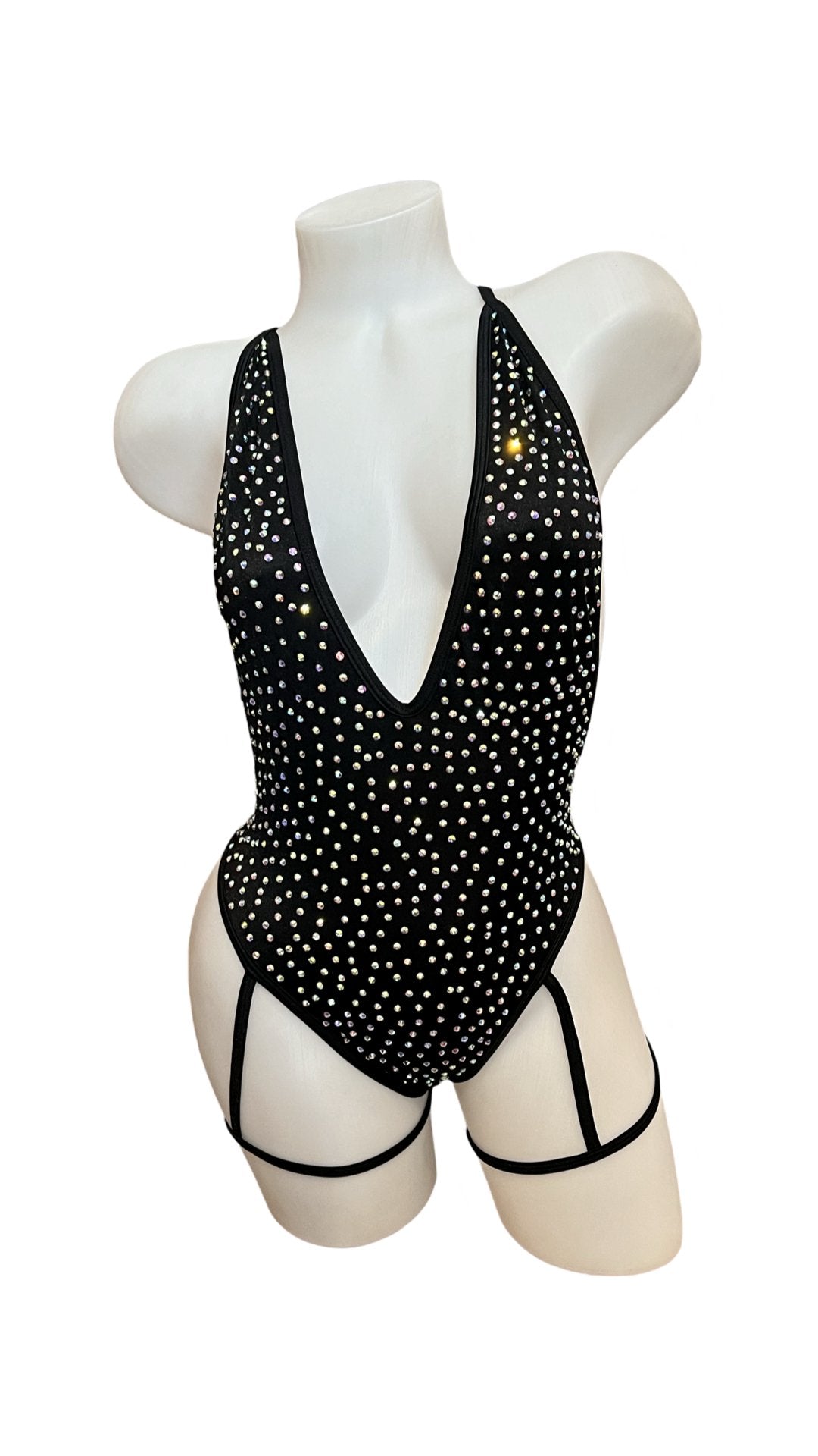 Rhinestone Bodysuit with Garter Black - Model Express VancouverBikini