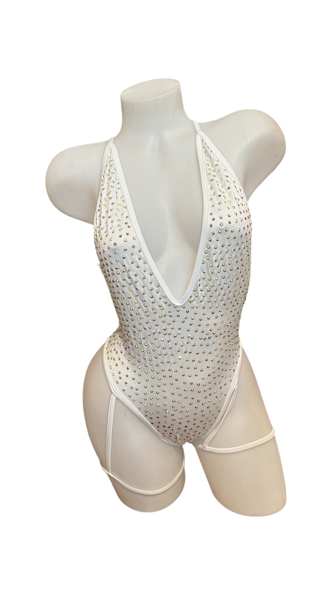 Rhinestone Bodysuit with Garter White - Model Express VancouverBikini