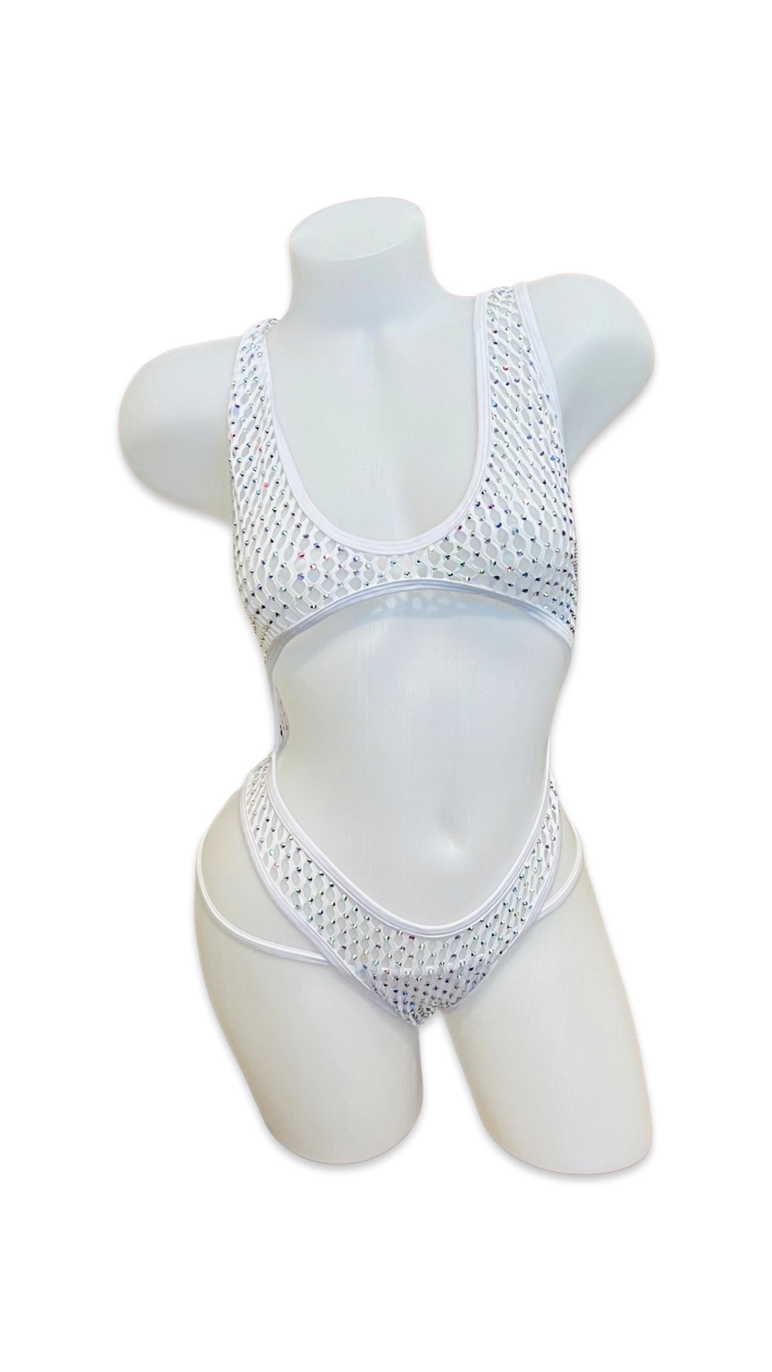 Rhinestone Bralette One Piece Mesh White - Model Express VancouverBikini