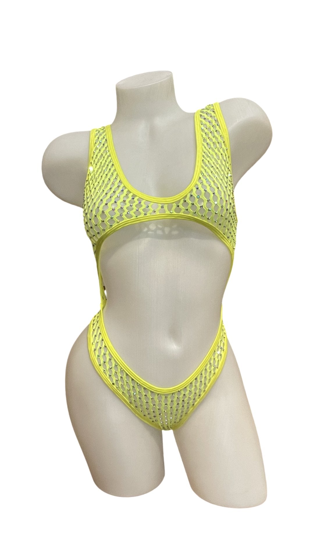 Rhinestone Fishnet Bandeau One Piece Neon Yellow - Model Express VancouverBikini