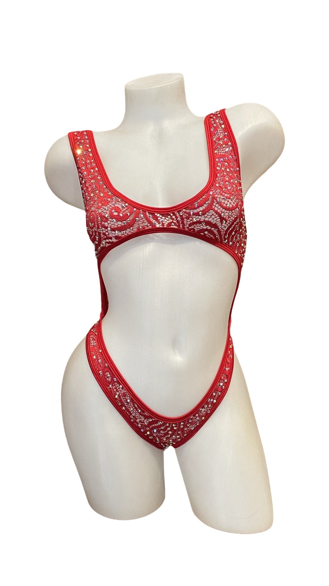 Rhinestone Fishnet Bandeau One Piece Red - Model Express VancouverBikini