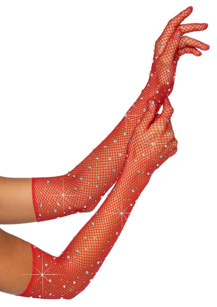 Rhinestone Fishnet Opera Length Gloves Red - Model Express VancouverAccessories
