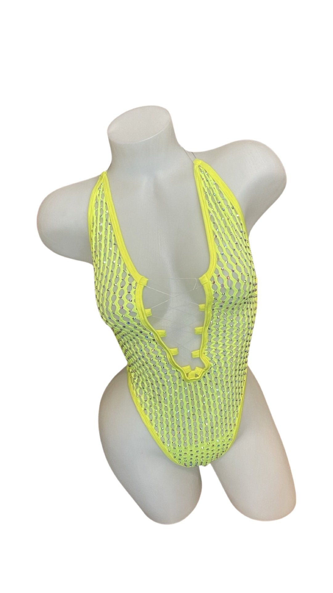 Rhinestone Fishnet Stringy One Piece Neon Yellow - Model Express VancouverBikini