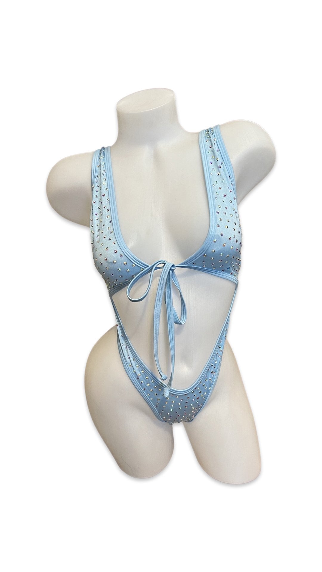 Rhinestone Front Tie One Piece Baby Blue - Model Express VancouverBikini