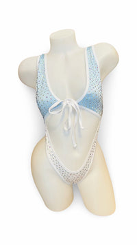 Rhinestone Front Tie One Piece Baby Blue/White - Model Express VancouverBikini