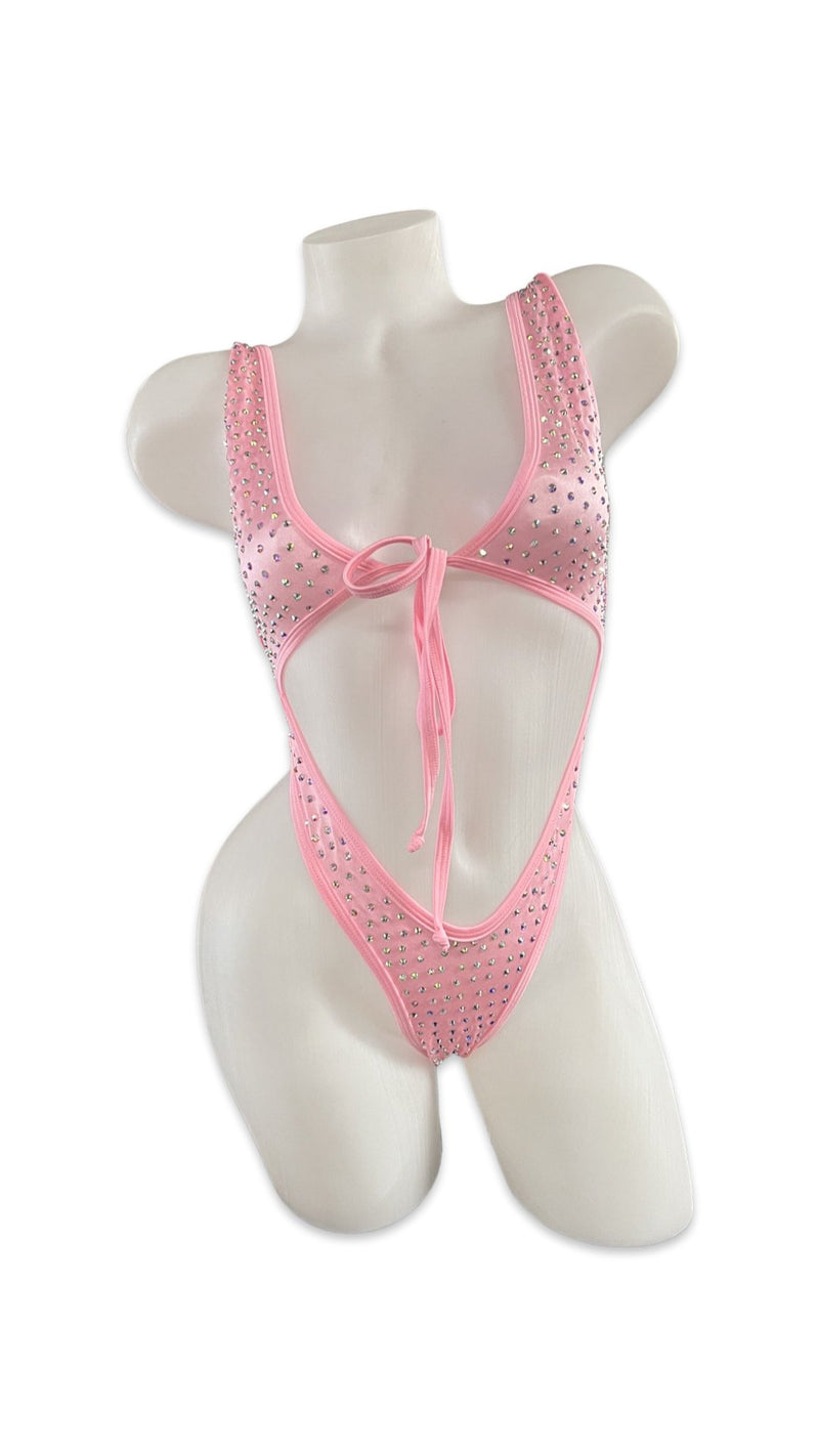 Rhinestone Front Tie One Piece Baby Pink - Model Express VancouverBikini