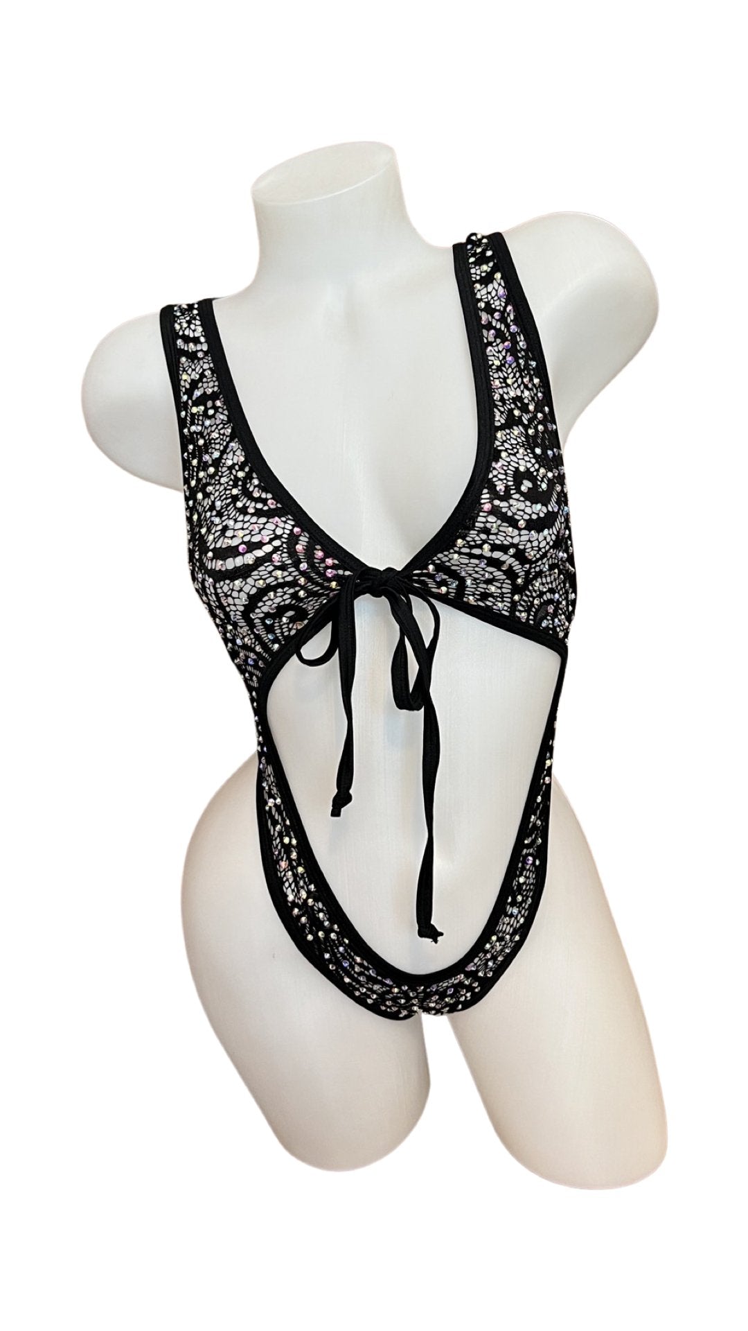 Rhinestone Front Tie One Piece Black Lace - Model Express VancouverBikini