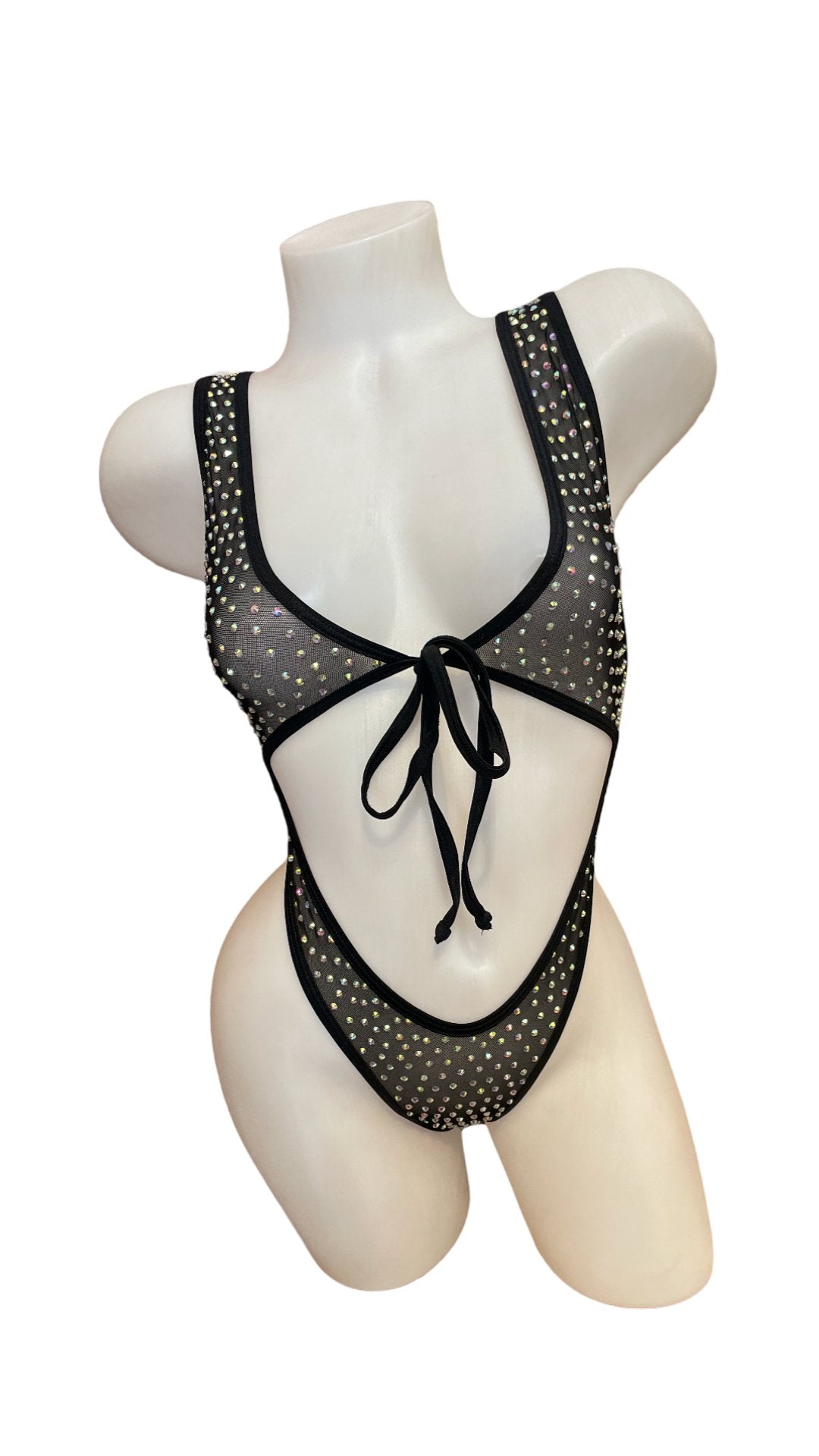 Rhinestone Front Tie One Piece Black Mesh - Model Express VancouverBikini