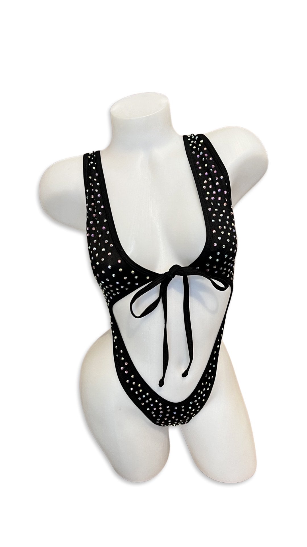 Rhinestone Front Tie One Piece Black - Model Express VancouverBikini