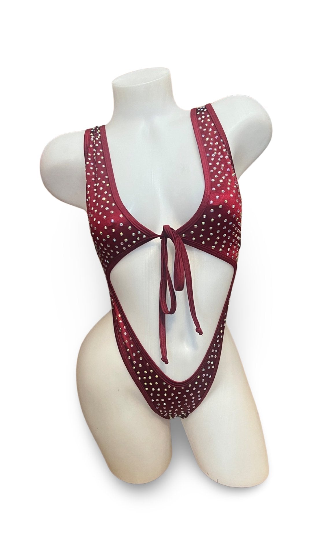 Rhinestone Front Tie One Piece Burgundy - Model Express VancouverBikini