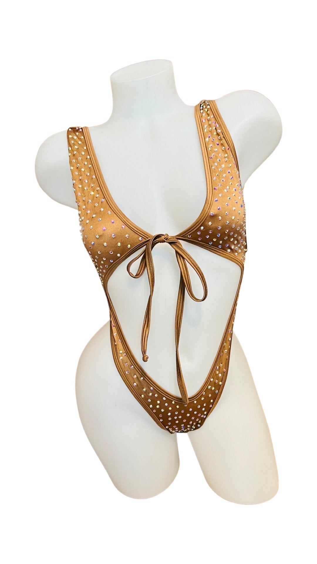 Rhinestone Front Tie One Piece Camel - Model Express VancouverBikini