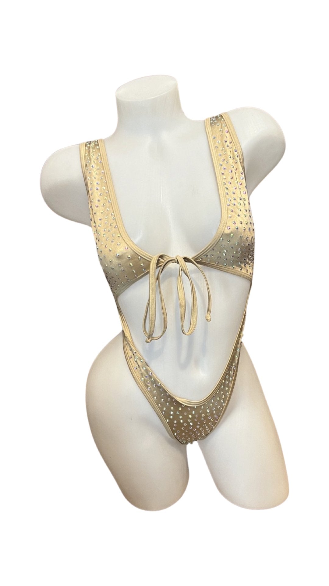 Rhinestone Front Tie One Piece Champagne - Model Express VancouverBikini