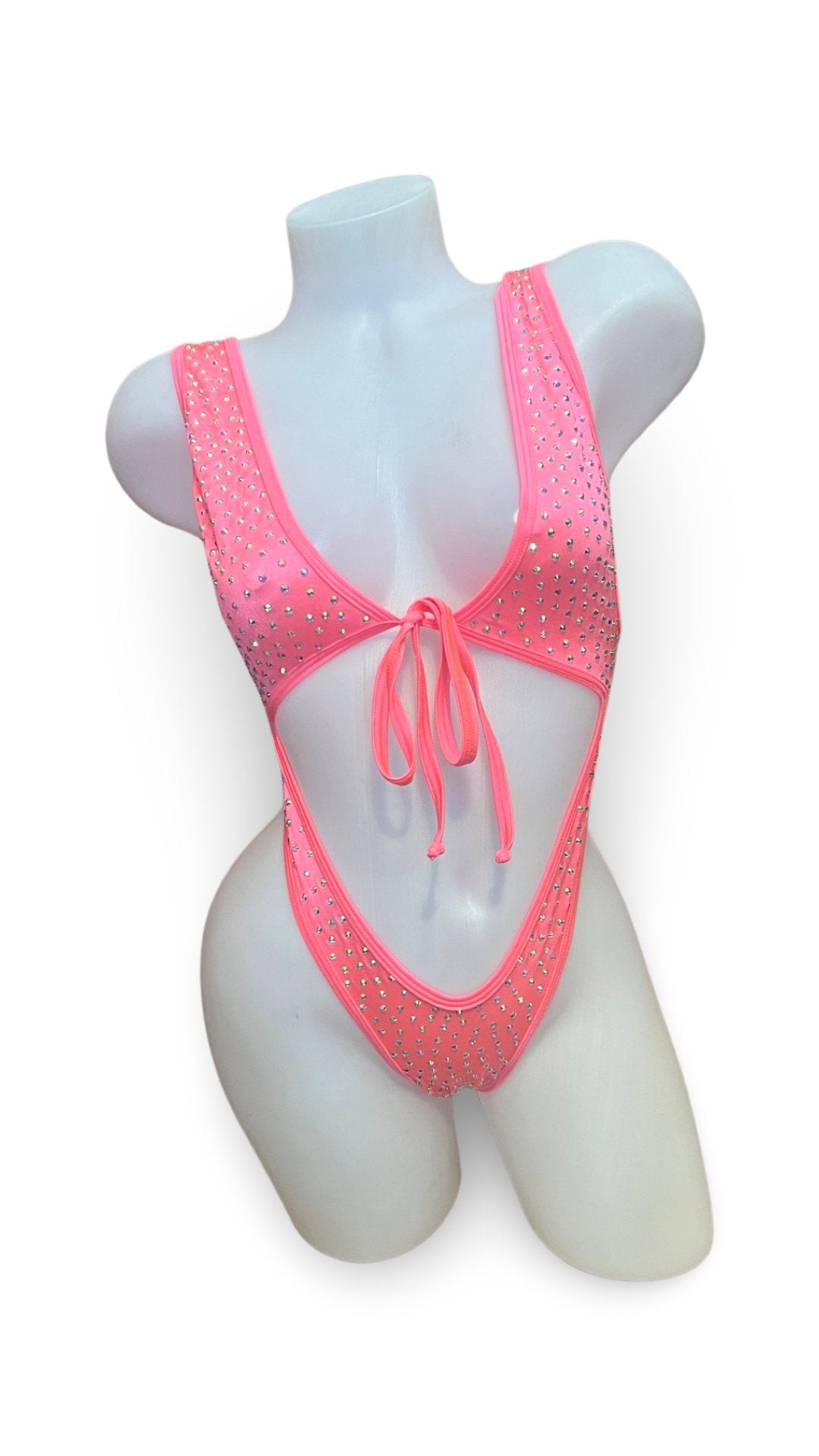 Rhinestone Front Tie One Piece Coral - Model Express VancouverBikini