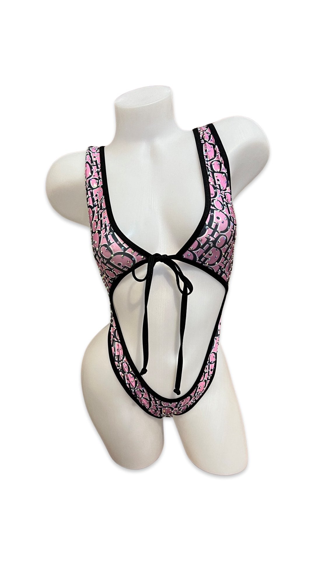 Rhinestone Front Tie One Piece - Design Black/Pink - Model Express VancouverBikini