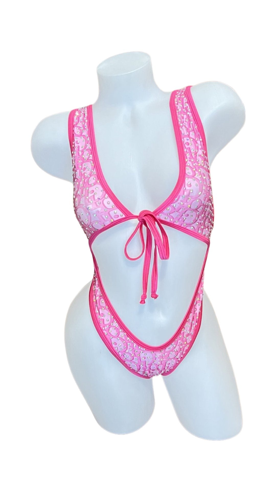 Rhinestone Front Tie One Piece - Design Pink/Pink - Model Express VancouverBikini