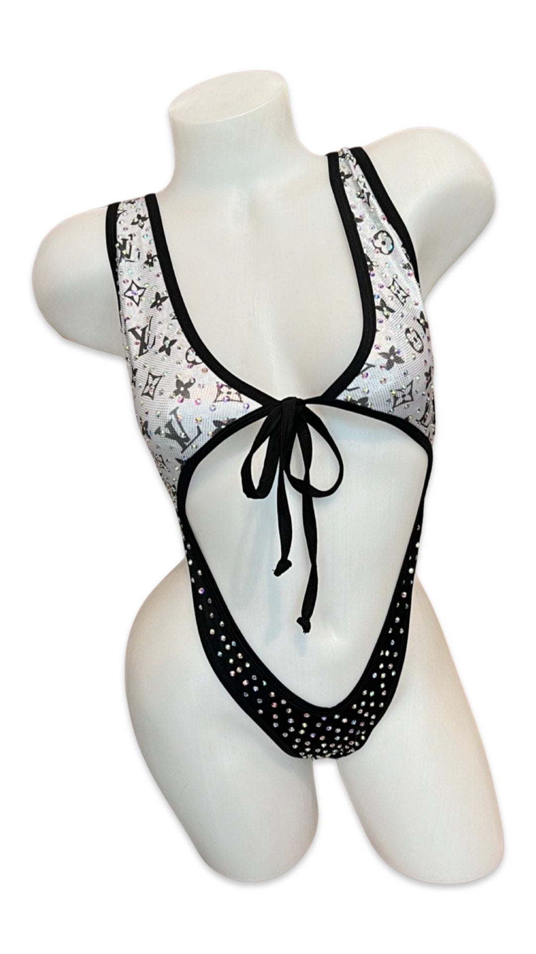 Rhinestone Front Tie One Piece - Design Silver/Black - Model Express VancouverBikini