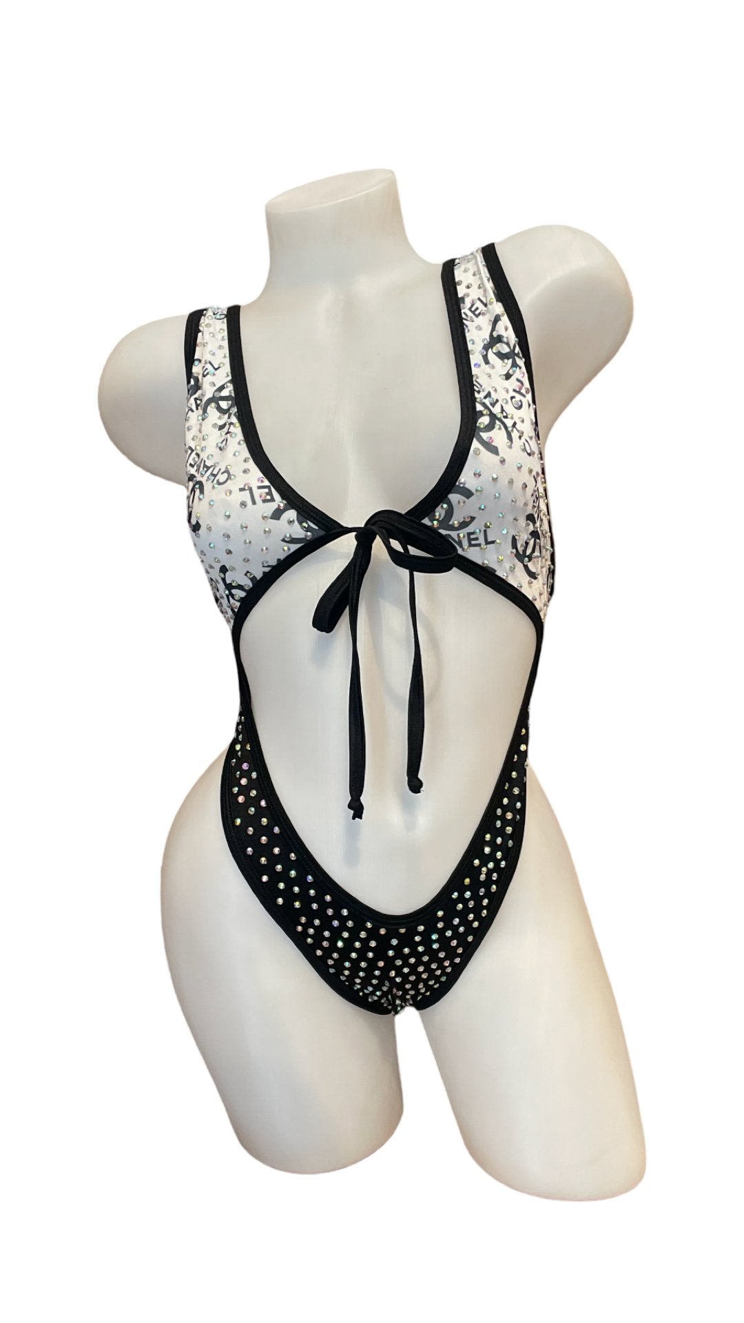 Rhinestone Front Tie One Piece - Design White - Model Express VancouverBikini