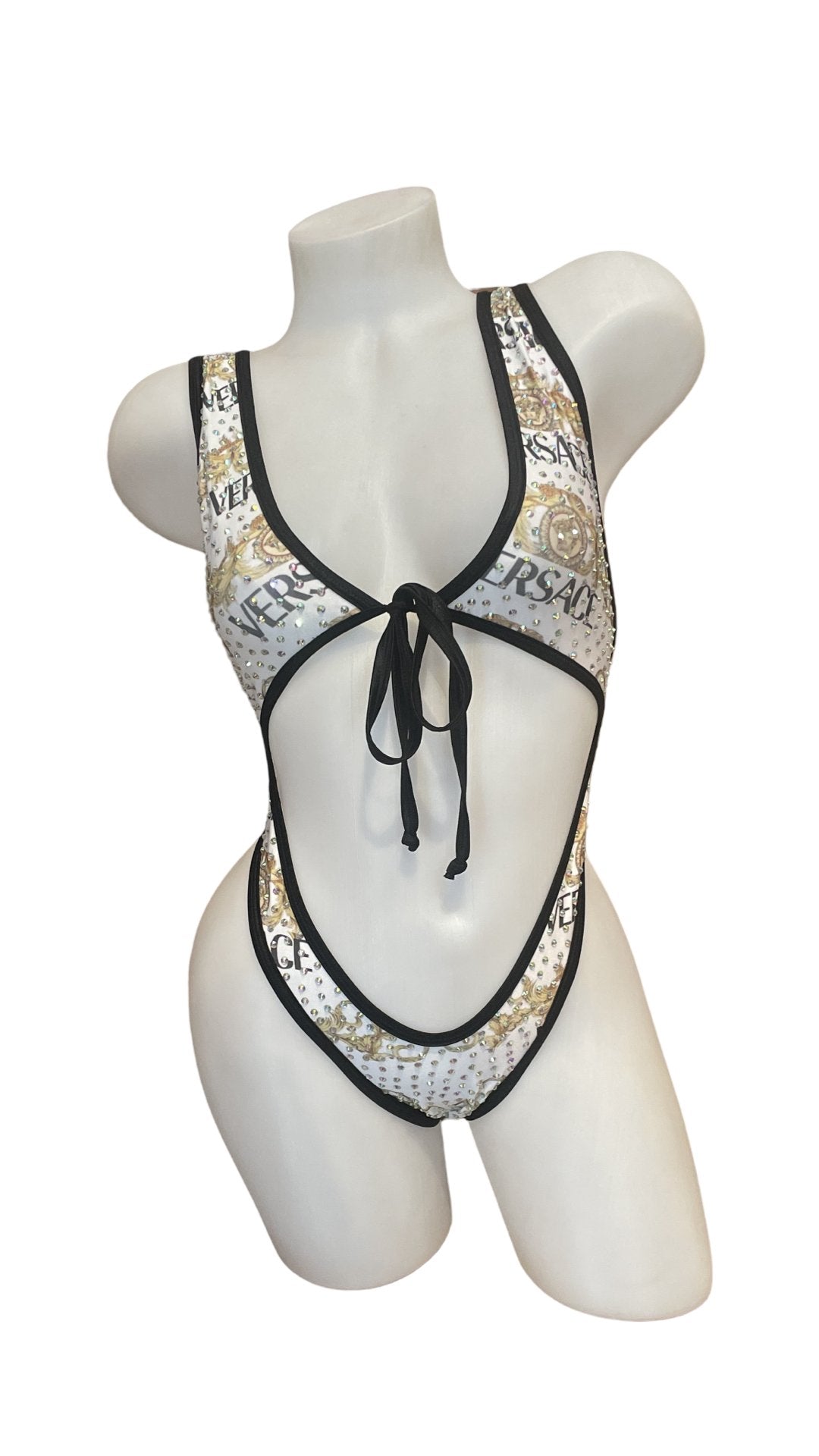 Rhinestone Front Tie One Piece Design - White/Gold - Model Express VancouverBikini