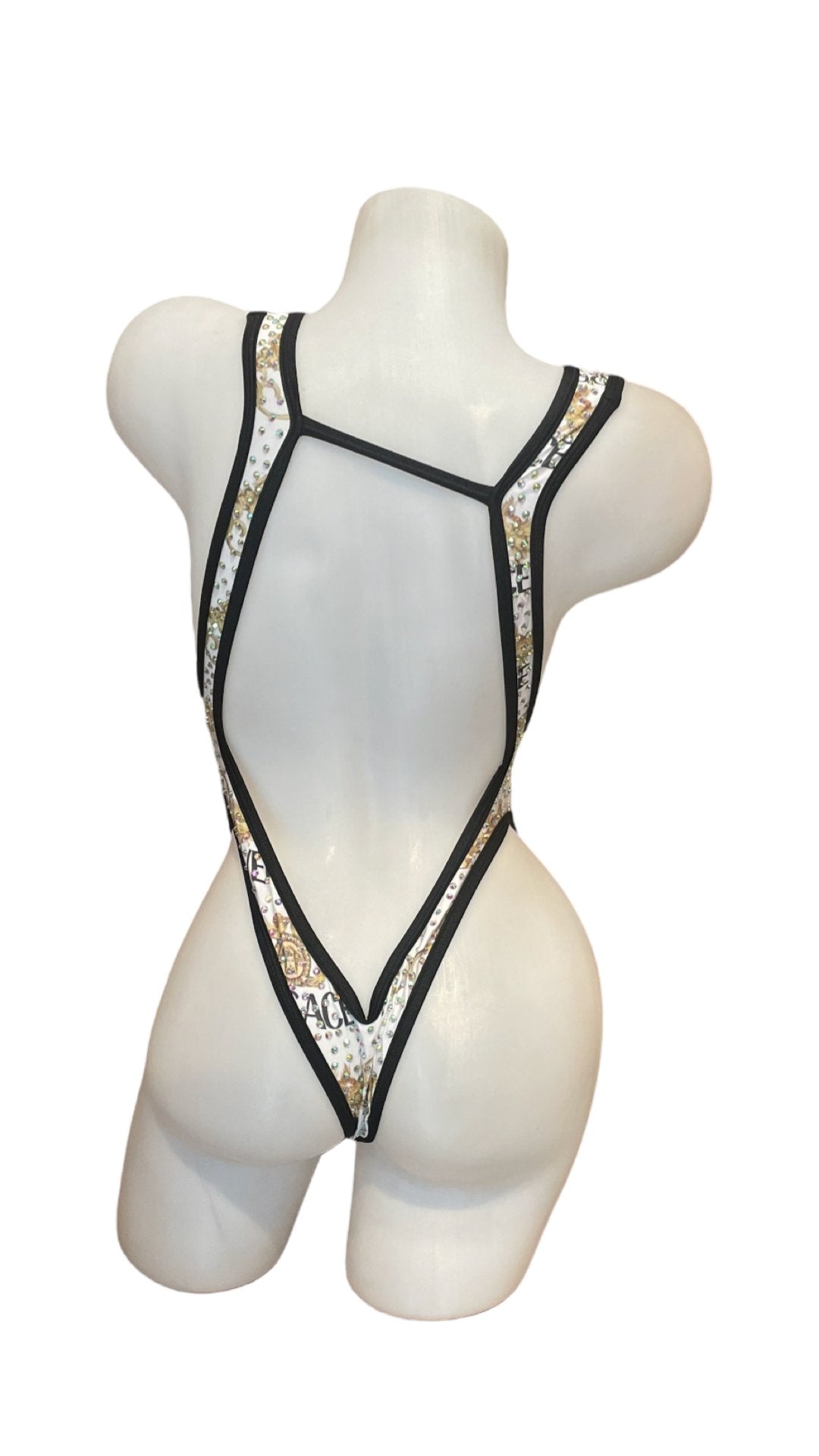 Rhinestone Front Tie One Piece Design - White/Gold - Model Express VancouverBikini
