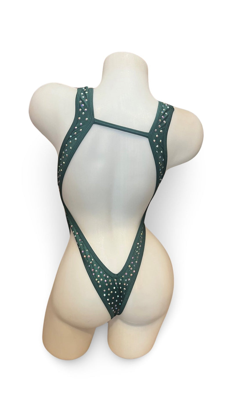 Rhinestone Front Tie One Piece Forest Green - Model Express VancouverBikini